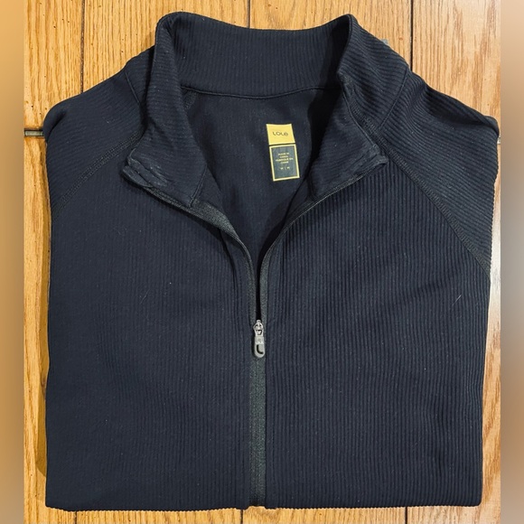 EUC LOLE Cardigan, full zipper, size medium, black/grey stripe/trim, thumb holes
